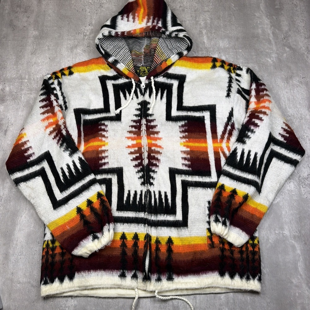 Vintage Tejidos Ruminahui Alpaca Wool Hooded Sweater Jacket Aztec White Medium